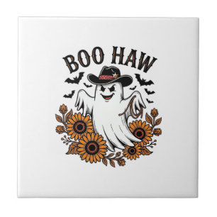 Boo Haw Cowboy Ghost Sunflowers Bats Halloween_1 Ceramic Tile