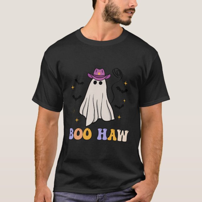 Boo Haw Ghost Western Cowboys Hat Funny Halloween  T-Shirt (Front)