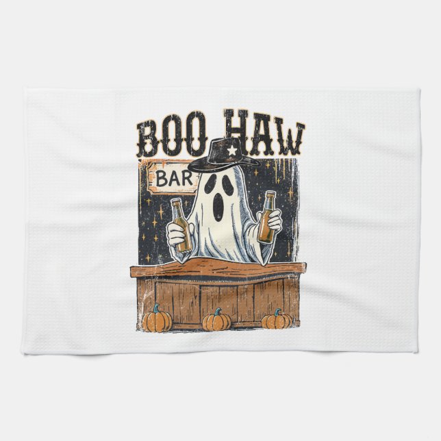 Boo Haw Retro Western Halloween Tea Towel (Horizontal)