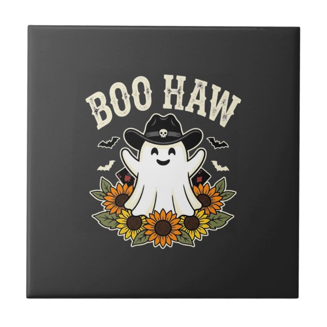 Boo Haw Western Halloween Ghost Design Ceramic Tile (Front)