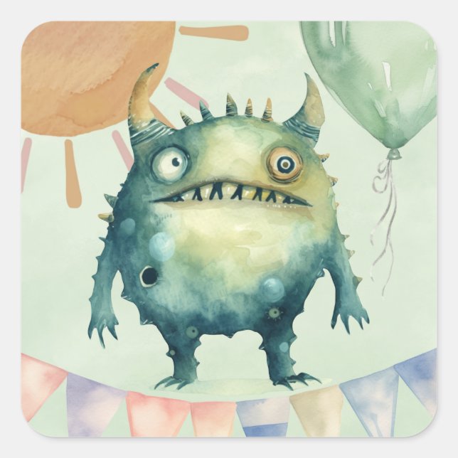 Boo, I’m Turning Two! Monster Boy Birthday Party Square Sticker (Front)