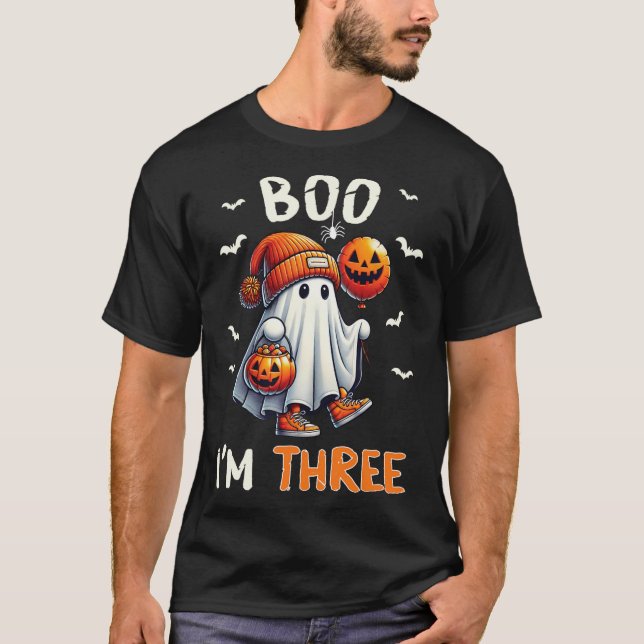 Boo I'm Three Ghost 3rd Birthday Halloween Boy Kid T-Shirt (Front)