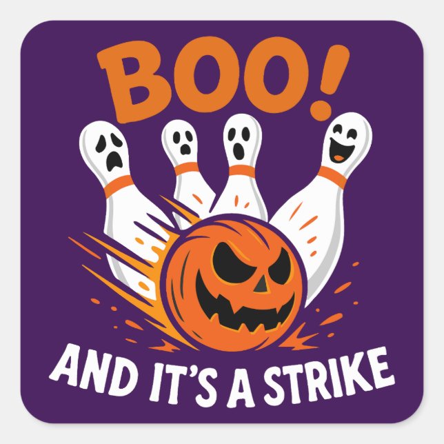 Boo It’s a Strike Funny Halloween Bowling Square Sticker (Front)