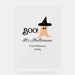 Boo it's Halloween from family name orange ghost Acrylic Sign