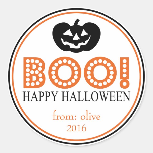 Boo! Jack-O-Lantern (Black / Orange) Classic Round Sticker (Front)
