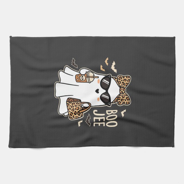 Boo Jee Cute Ghost Halloween Leopard Design_1 Tea Towel (Horizontal)