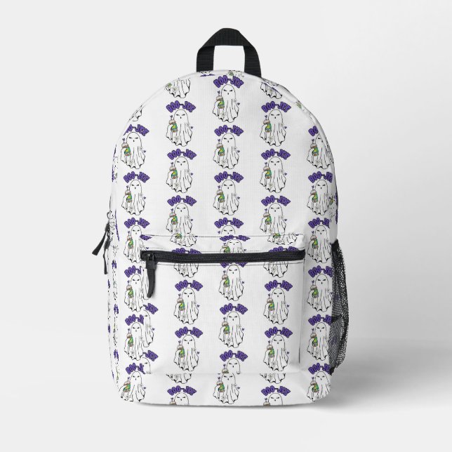 Boo-Jee Cute halloween Ghost with Iced Coffee  Printed Backpack (Front)