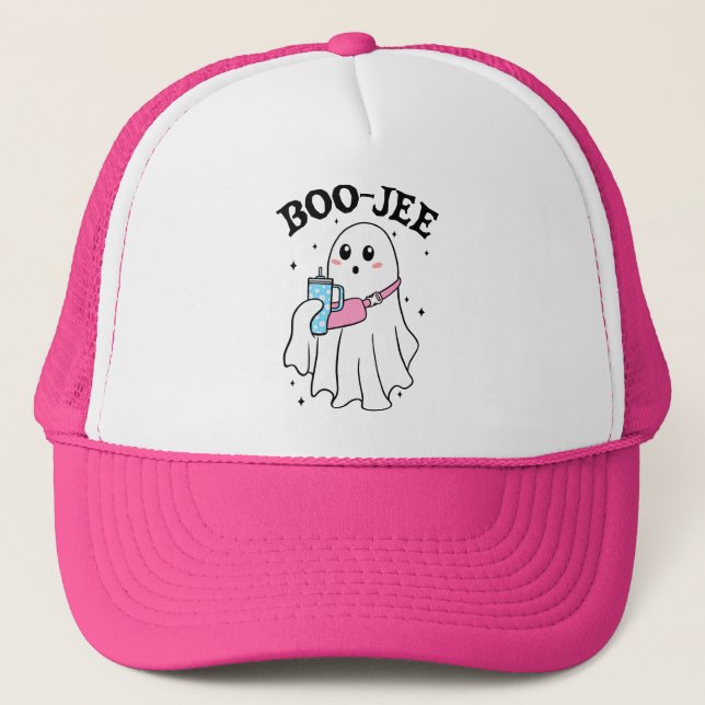 Boo Jee Funny Halloween Ghost Retro Trucker Hat (Front)