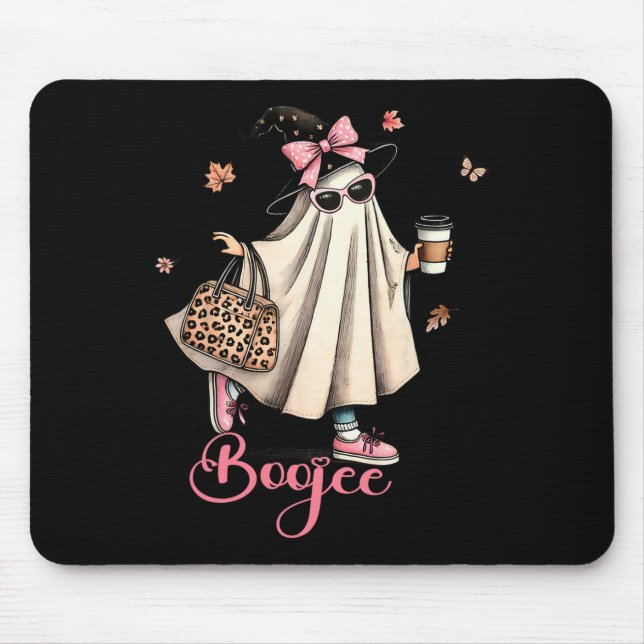 Boo Jee Ghost Drinking Coffee Coquette Bow Hallowe Mouse Pad (Front)