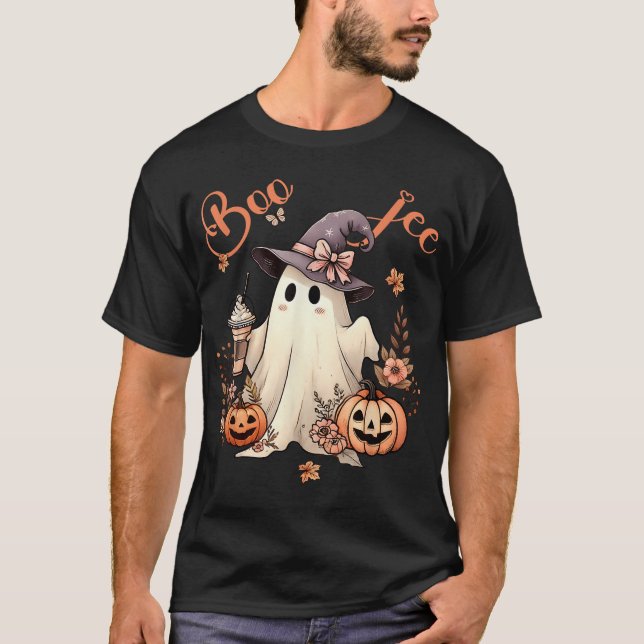 Boo Jee Ghost Drinking Coffee Coquette Bow  T-Shirt (Front)