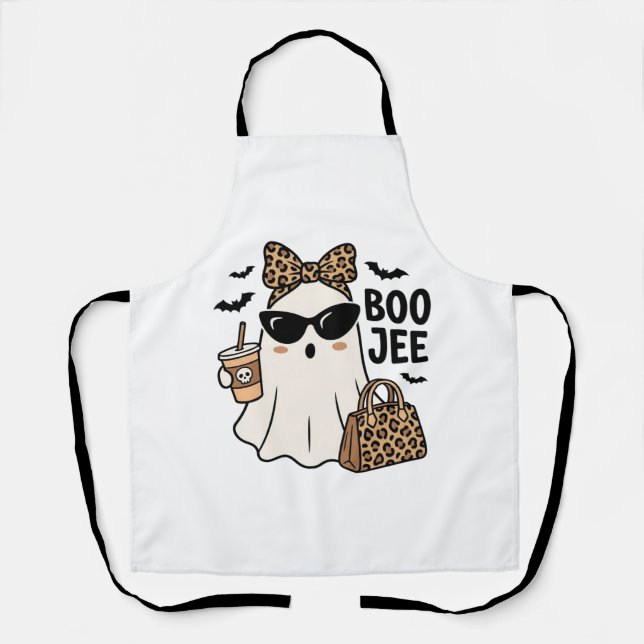 Boo Jee Ghost Halloween Leopard Bow Vector Design_ Apron (Front)