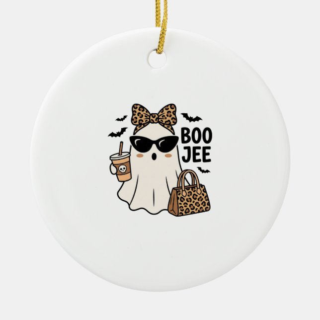 Boo Jee Ghost Halloween Leopard Bow Vector Design_ Ceramic Ornament (Front)