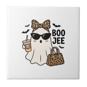 Boo Jee Ghost Halloween Leopard Bow Vector Design_ Ceramic Tile