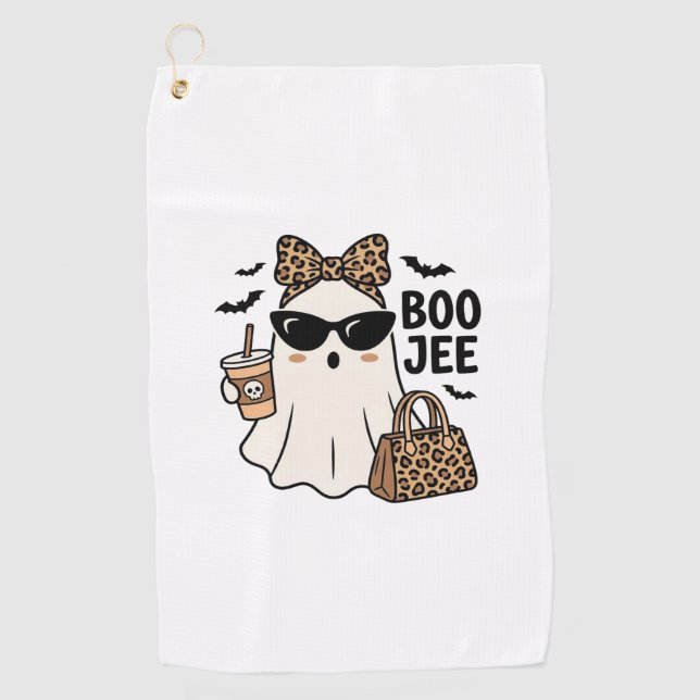 Boo Jee Ghost Halloween Leopard Bow Vector Design_ Golf Towel (Front)