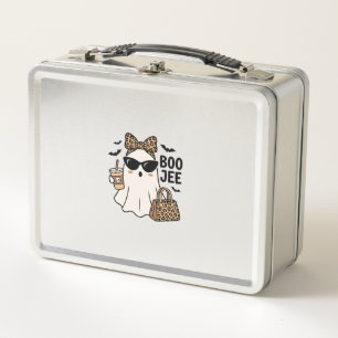 Boo Jee Ghost Halloween Leopard Bow Vector Design_ Metal Lunch Box