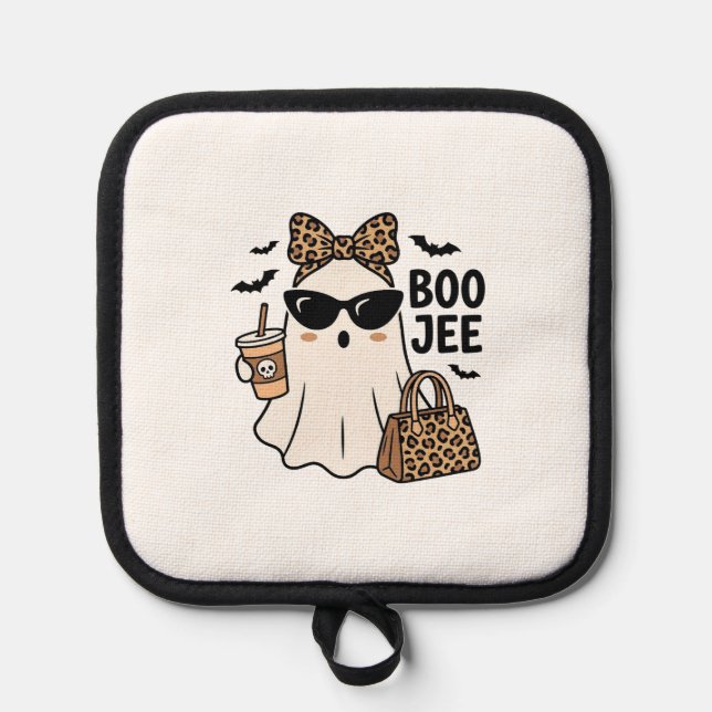 Boo Jee Ghost Halloween Leopard Bow Vector Design_ Pot Holder (Front)