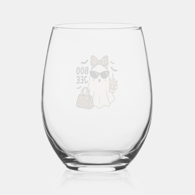 Boo Jee Ghost Halloween Leopard Bow Vector Design_ Stemless Wine Glass (Front)