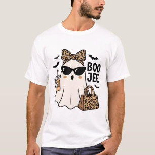 Boo Jee Ghost Halloween Leopard Bow Vector Design_ T-Shirt