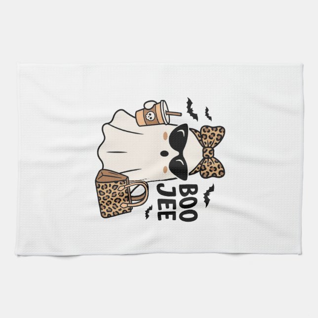 Boo Jee Ghost Halloween Leopard Bow Vector Design_ Tea Towel (Horizontal)