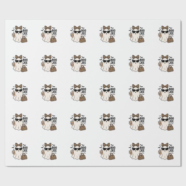 Boo Jee Ghost Halloween Leopard Bow Vector Design_ Wrapping Paper (Flat)