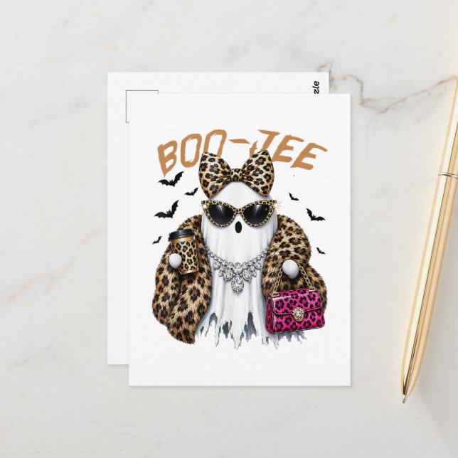Boo-JEE Ghost Leopard Coquette Halloween Postcard (Front/Back In Situ)