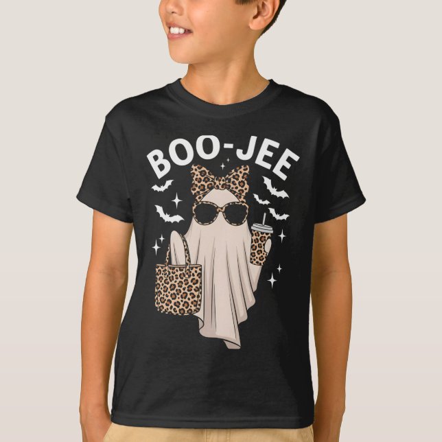 Boo Jee Ghost With Coffee Coquette Bow Halloween W T-Shirt (Front)