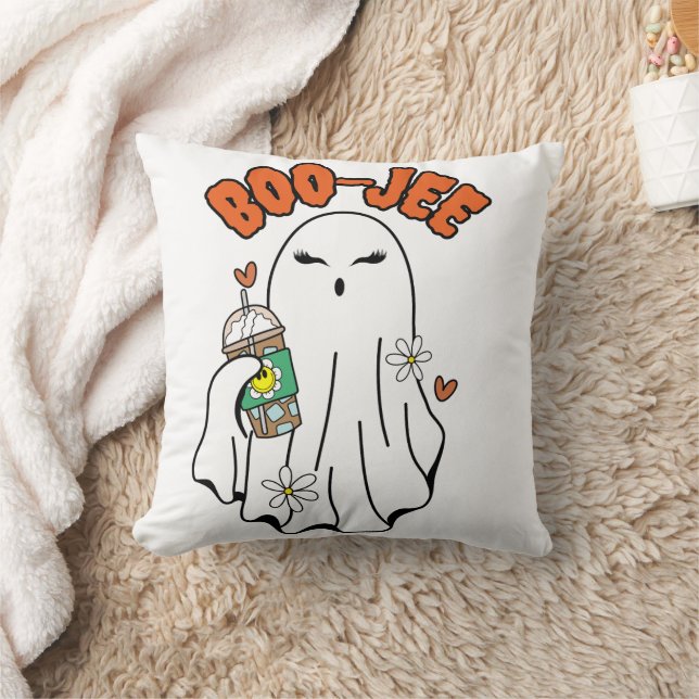 Boo-Jee Halloween Ghost with Iced Coffee in hand  Cushion (Blanket)