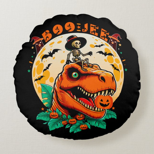 BOO-Jee Halloween: T-Rex & Skeleton Fun Design! Round Cushion (Front)