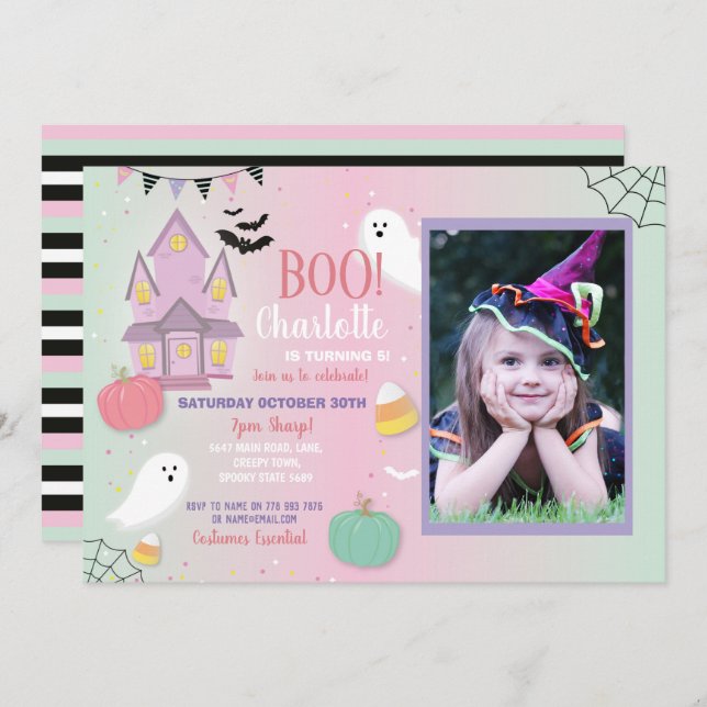 Boo Kids Birthday Halloween Pink Mint Fun Party Invitation (Front/Back)