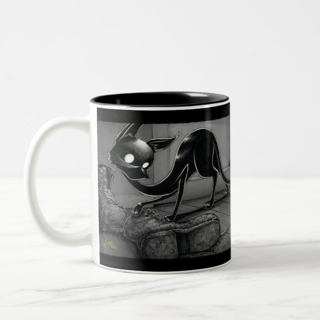 Boo Kitty Pokes a Boot Two-Tone Coffee Mug (Left)