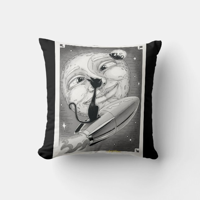 Boo Kitty Rockets to the Moon Throw Pillow (Front)