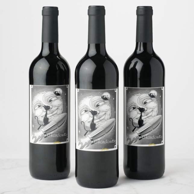 Boo Kitty Rockets to the Moon Wine Label (Bottles)
