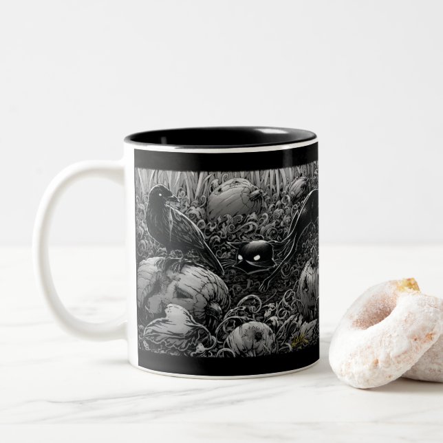 Boo Kitty Stalks a Raven Two-Tone Coffee Mug (With Donut)