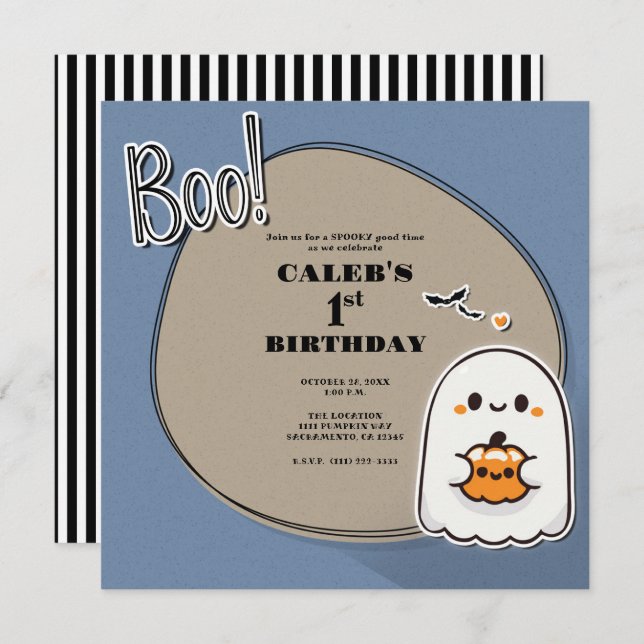 BOO Little Ghost Blue Halloween 1st Birthday Party Invitation (Front/Back)
