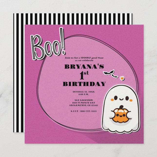 BOO! Little Ghost Pink Halloween 1st Birthday  Invitation (Front/Back)