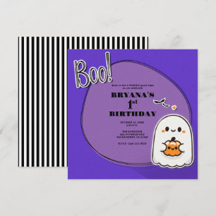 BOO! Little Ghost Purple Halloween 1st Birthday  Invitation