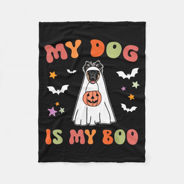 Boo Long-Haired German Shepherd Dog Halloween Fleece Blanket (Front)