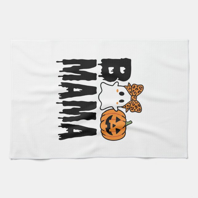 Boo Mama Halloween Ghost Pumpkin Bow Design Tea Towel (Horizontal)