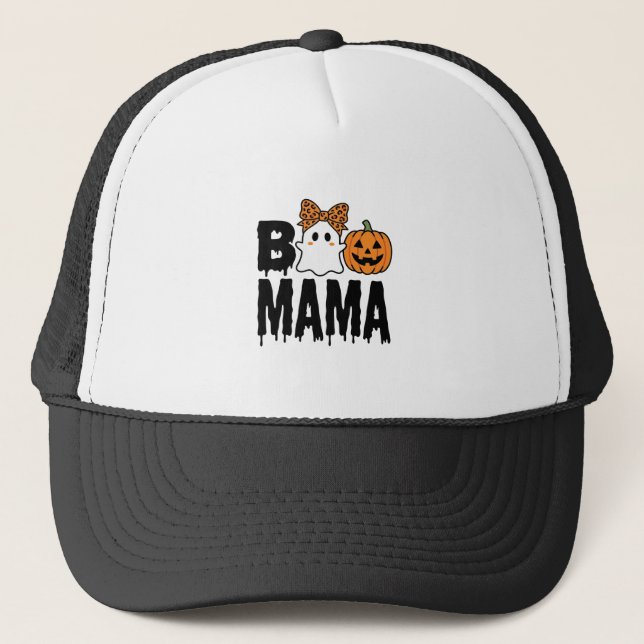 Boo Mama Halloween Ghost Pumpkin Bow Design Trucker Hat (Front)