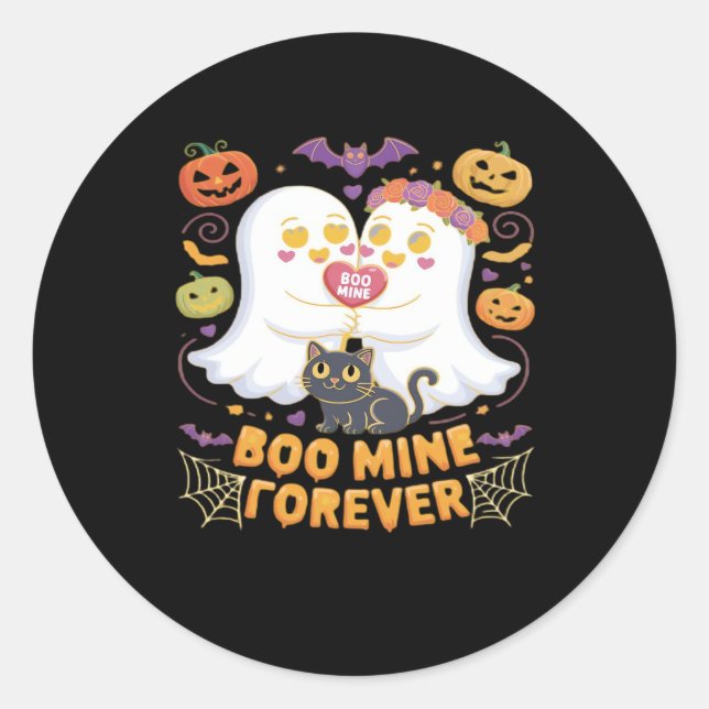 Boo Mine Forever Cute Ghosts Black Cat Love Hallow Classic Round Sticker (Front)