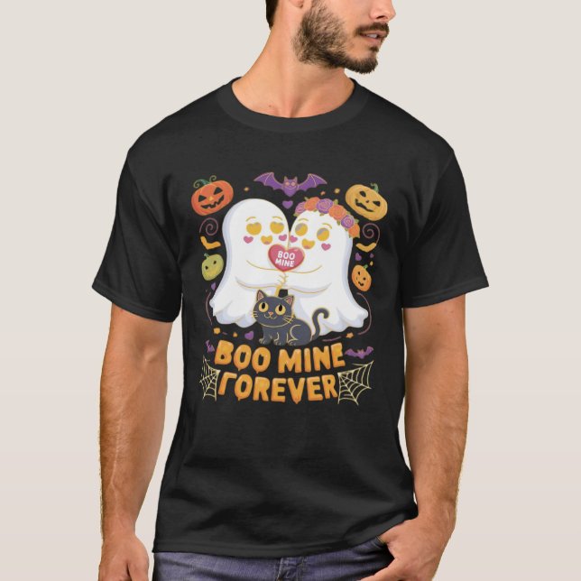 Boo Mine Forever Cute Ghosts Black Cat Love Hallow T-Shirt (Front)
