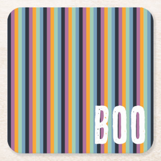 Boo! Muted Orange & Purple Halloween Stripes Square Paper Coaster