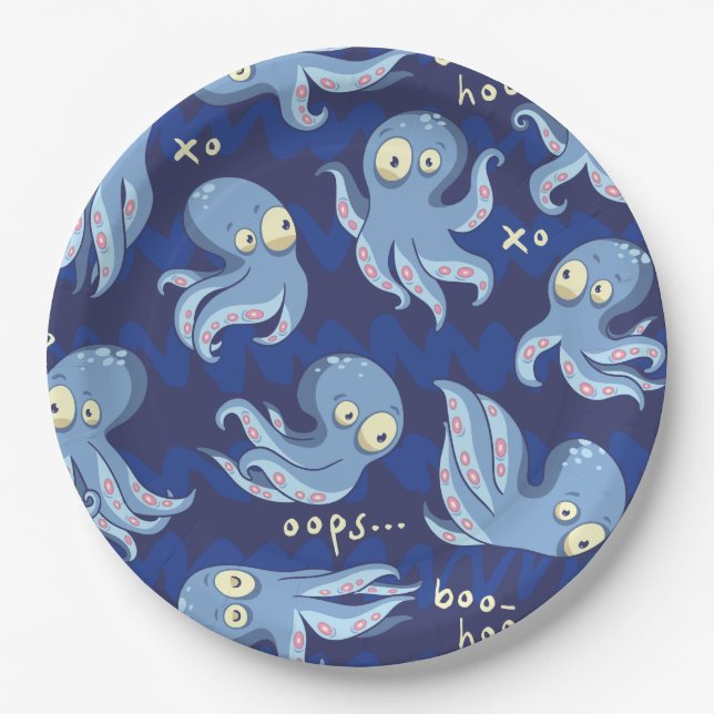 Boo Octopus Blue Kids Clothing & Décor Paper Plate (Front)