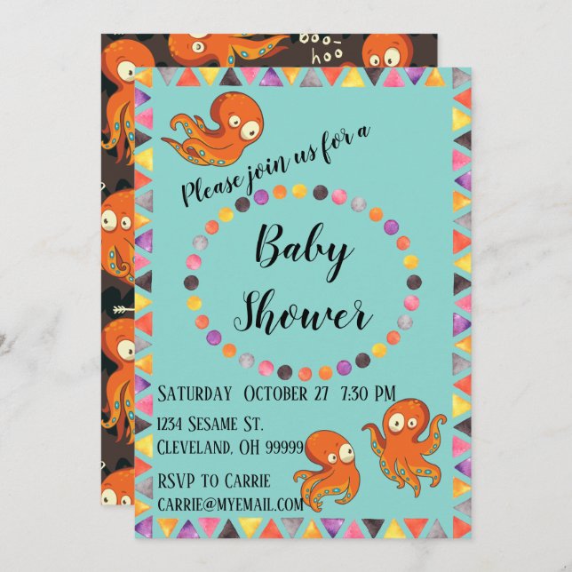 Boo Octopus Orange & Black Baby Shower Invitation (Front/Back)