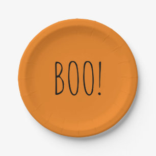 Boo orange and black minimalist simple Halloween Paper Plate