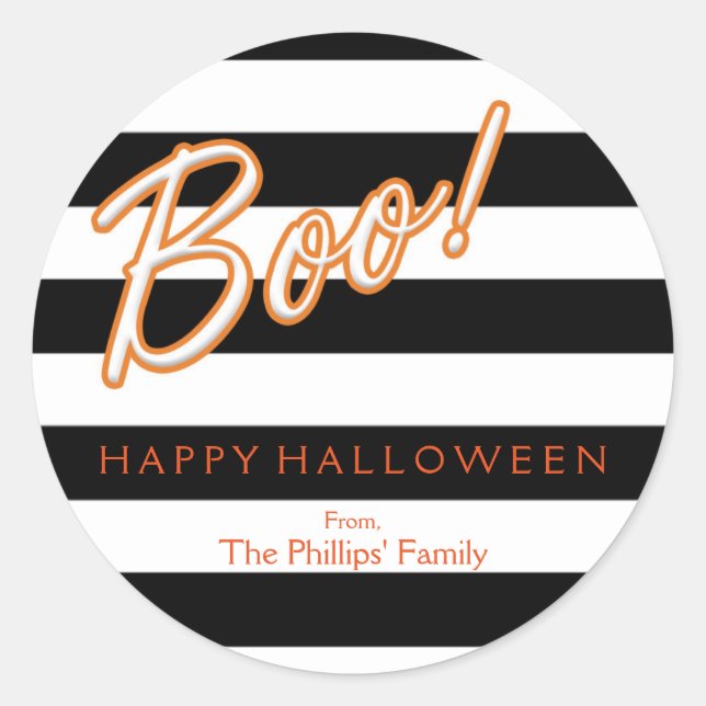 BOO Orange Halloween Black White Striped Party Classic Round Sticker (Front)