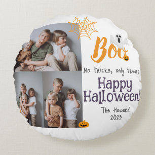 Boo pumpkin jack-o-lantern Halloween Photo Collage Round Cushion
