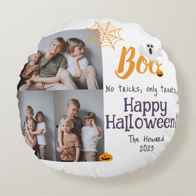 Boo pumpkin jack-o-lantern Halloween Photo Collage Round Cushion (Front)