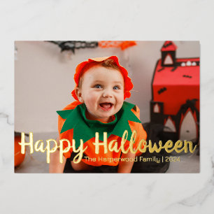 Boo pumpkin jack-o-lantern happy Halloween Photo Foil Holiday Card