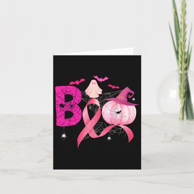 Boo Pumpkin Witch Pink Ribbon Breast Cancer Hallow Card (Front)